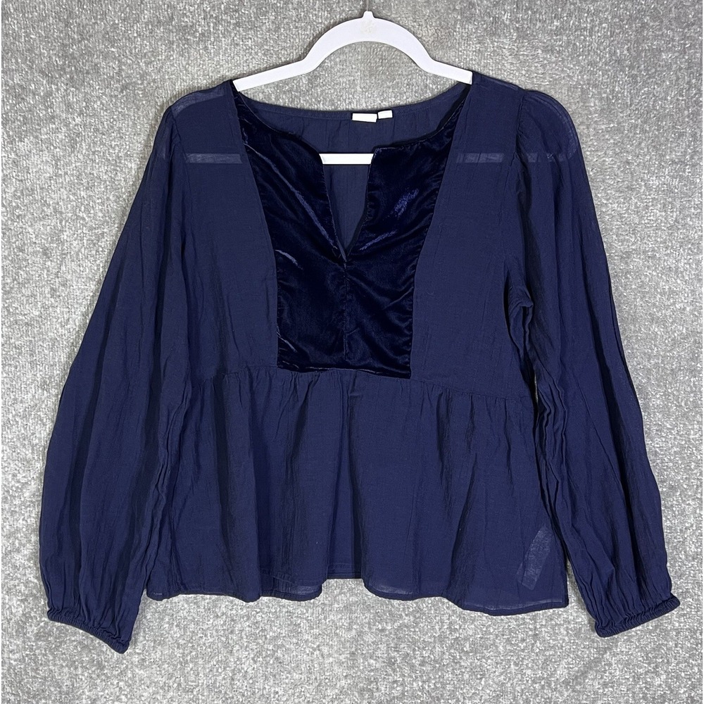 GAP BOHO Top Womens Size Small Blue Long Puff Sleeve Velvet V-Neck Peplum Hem